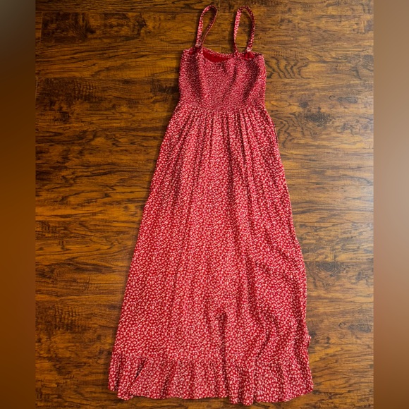 Hollister Red Floral Sundress Smocked Bodice Women’s High-Low Flowy Maxi Dress - Picture 8 of 8